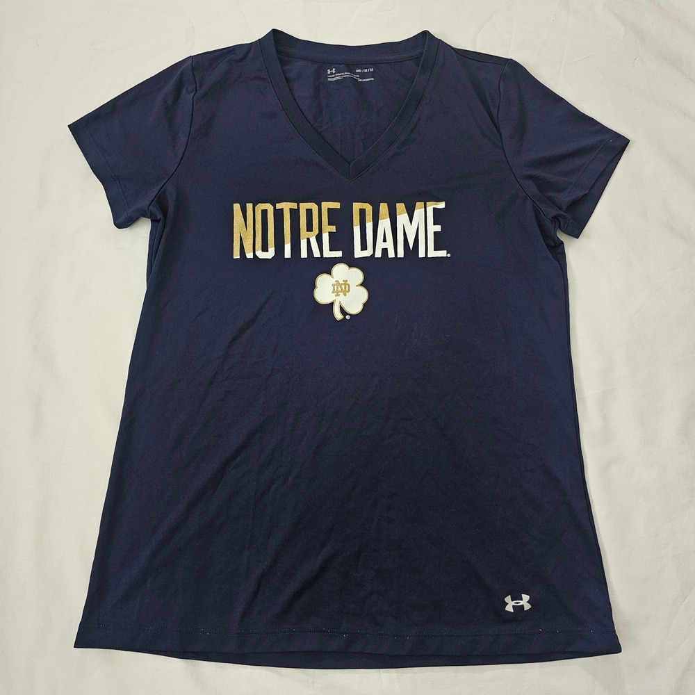 Under Armour Notre Dame Fighting Irish Shirt Womens M Navy Blue V-Neck HeatGear